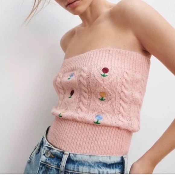 Zara Tops - Zara NWT POINTELLE-KNIT TUBE TOP in FLORAL PINK. Size medium